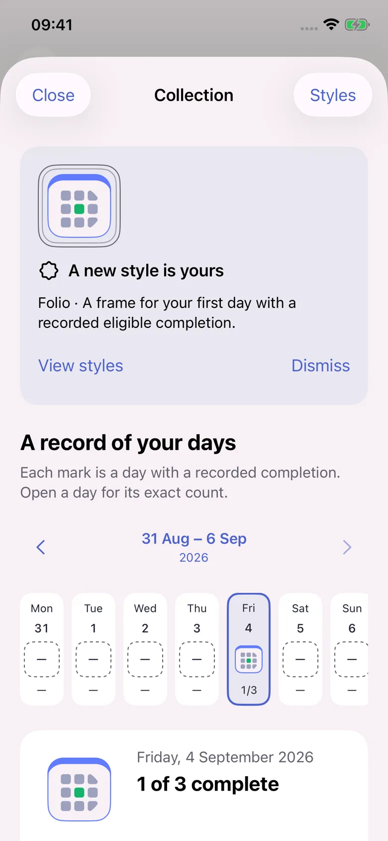 Native Done Cal Collection screen: an earned Folio style and a dated mark for Friday, 4 September, with 1 of 3 events complete. Other days show no record.