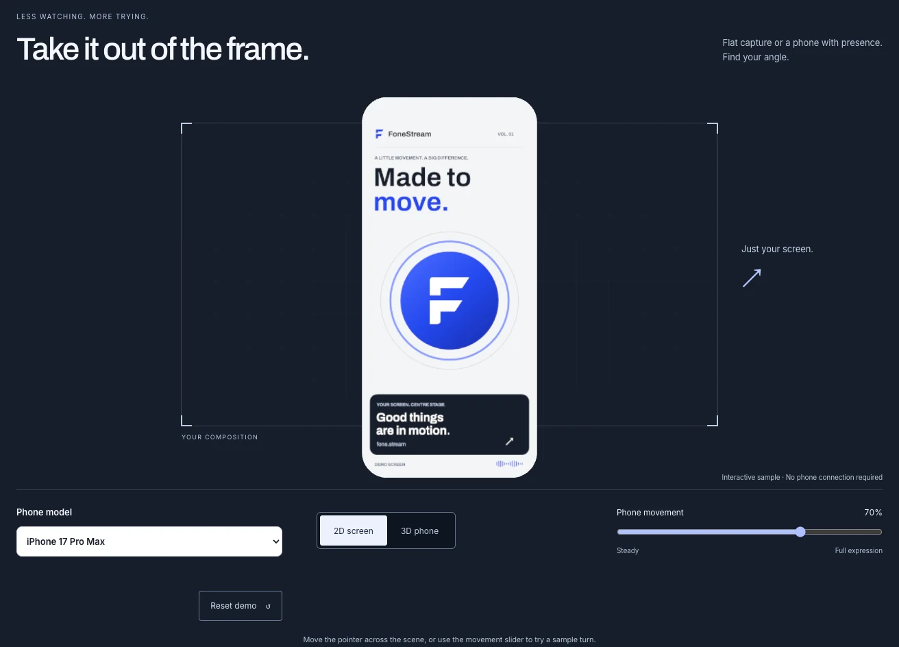The actual website demo in 2D: branded screen artwork without a device frame
