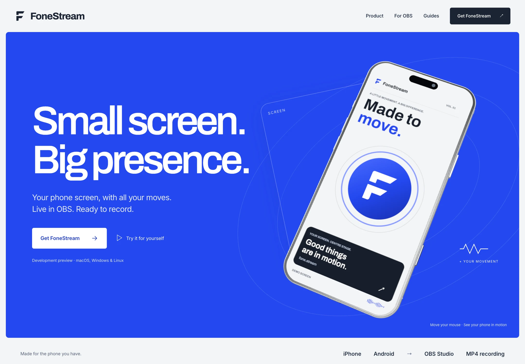 Current FoneStream website with silver navigation and the cobalt Small screen. Big presence. hero