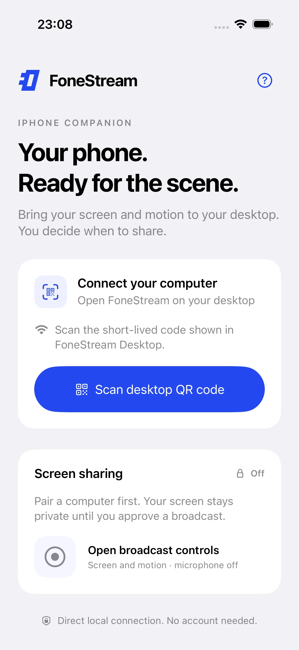 FoneStream iPhone companion: scan the desktop QR code, then approve sharing; screen sharing is off