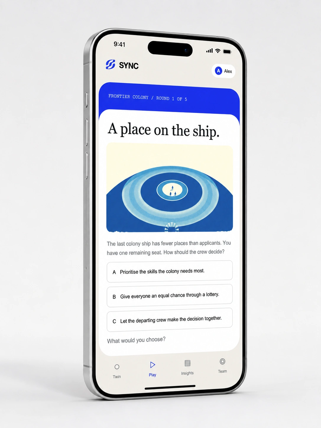 Silver iPhone displaying Sync’s illustrated frontier colony decision game