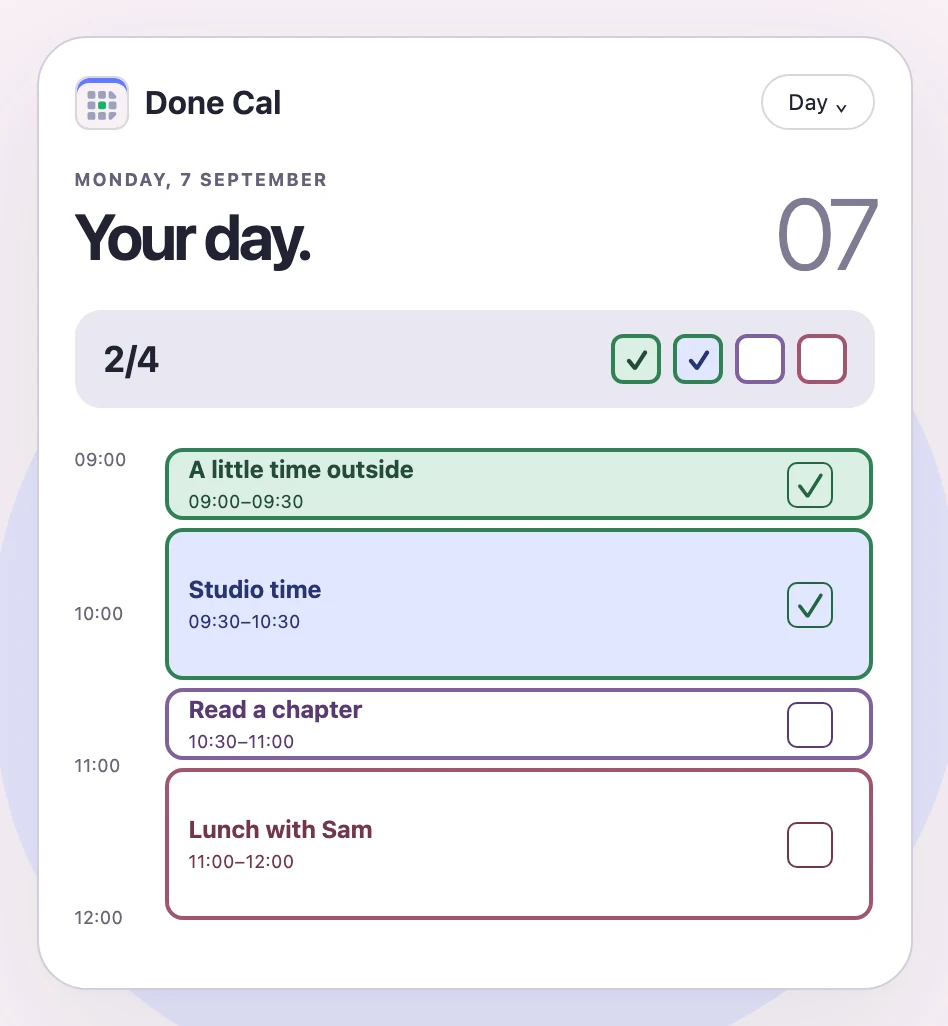 Done Cal calendar showing checked-off events and daily progress.