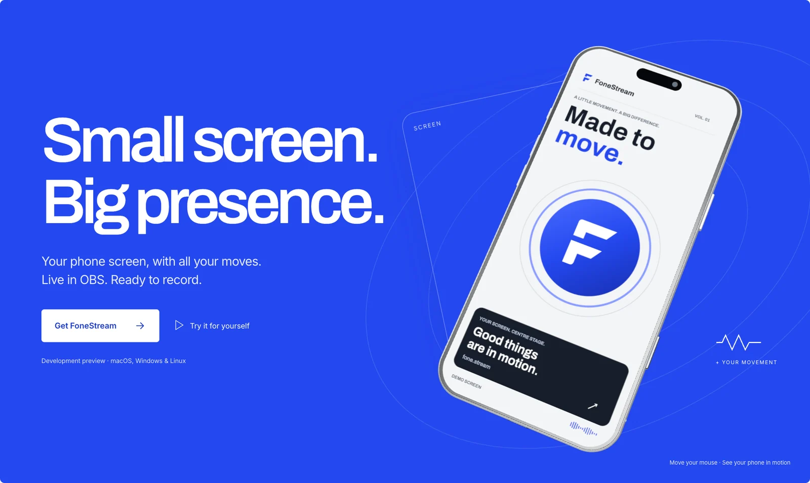 FoneStream website showing a dimensional phone against a cobalt blue background.