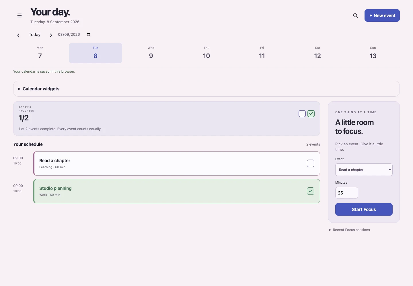 Done Cal browser application with fictional Studio planning and Read a chapter events, including a completed plan.