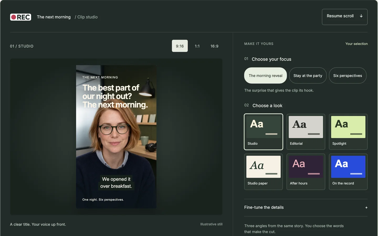 REC’s clip styling workspace with a fictional speaker’s portrait, video captions, format buttons and six appearance controls on a dark green background.